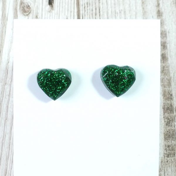 Green Glitter heart studs on card