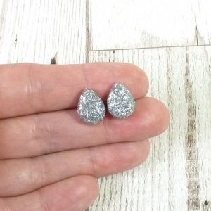 Silver Glitter Teardrop studs on hand