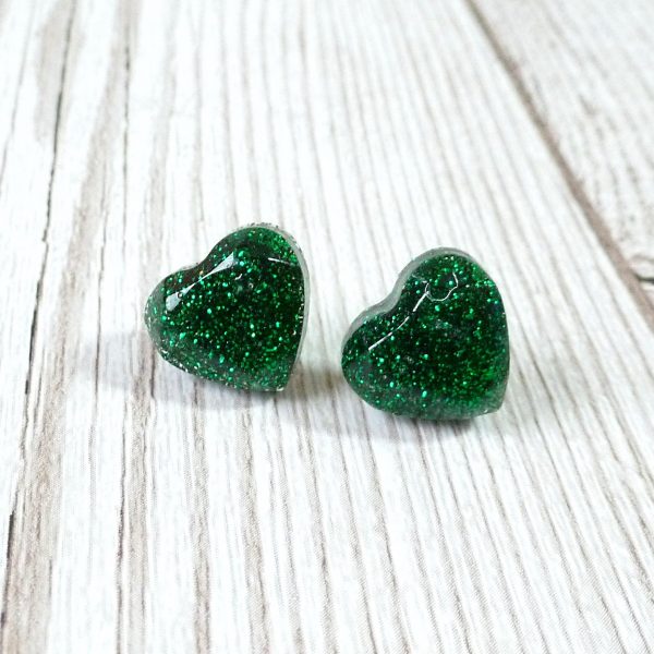 Green Glitter heart studs