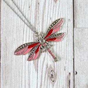 Red and pink dragonfly silver metal