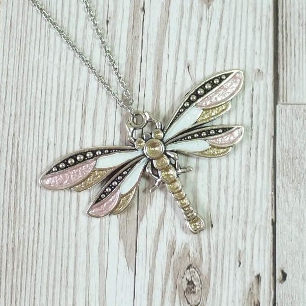 White Gold Pink Dragonfly Pendant