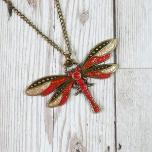 Red, Brick and gold bronze dragonfly pendant