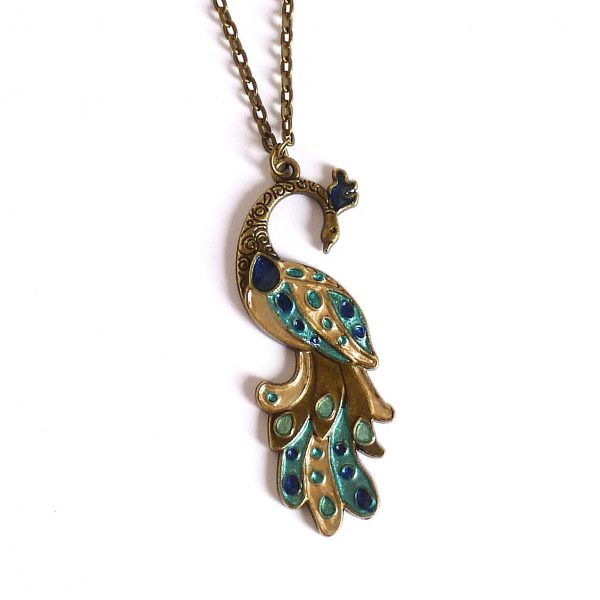 blue gold turquoise peacock on bronze on white view 1