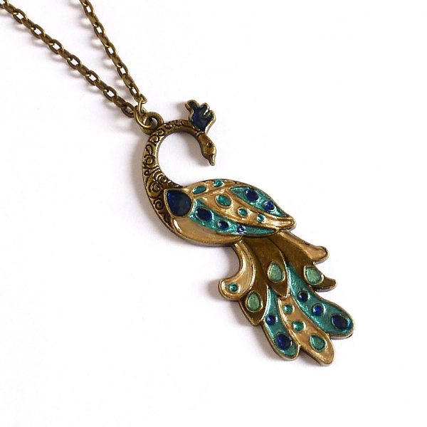 blue gold turquoise peacock on bronze on white view 2