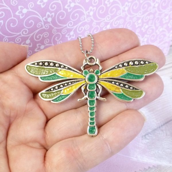 green and yellow dragonfly on hand