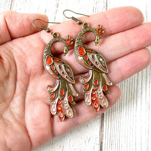 red rose gold peacock earrings view 2