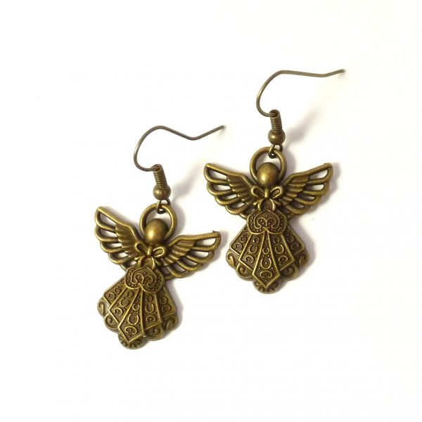 bronze angel earrings on white background