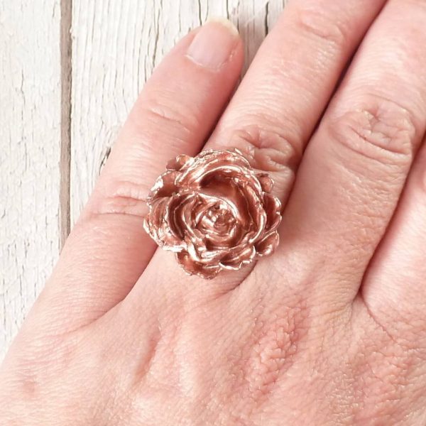 Rose Gold Rose ring on hand