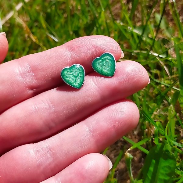 Emerald Green Steel Heart Studs on hand