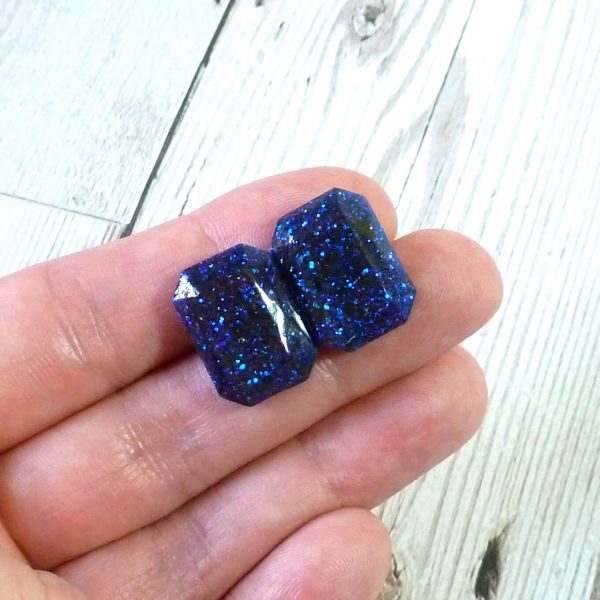 Dark Blue Glitter Large octagon studs on hand