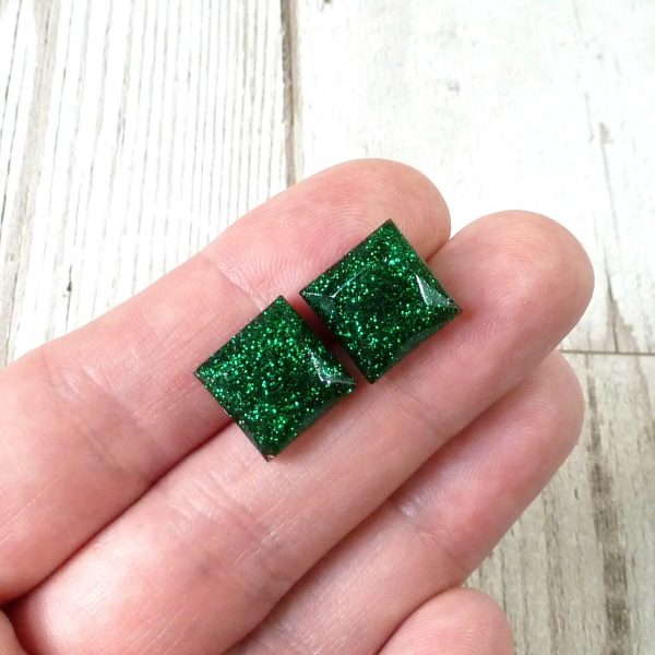 Green Glitter Lg Square Studs on hand