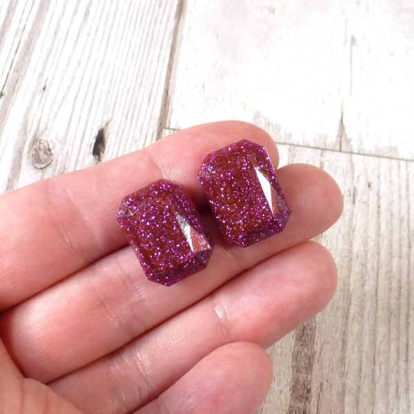 Purple Glitter Large octagon studs on hand