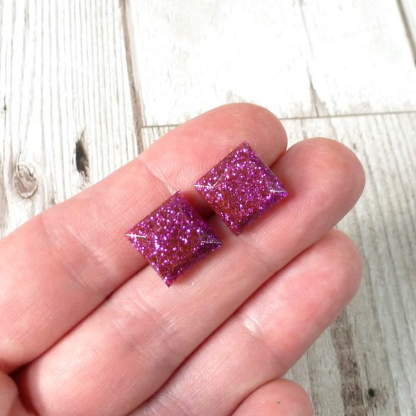 Purple Glitter Lg Square Studs on hand