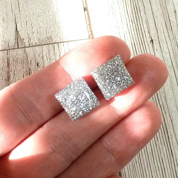 Silver Glitter Lg Square Studs on Hand
