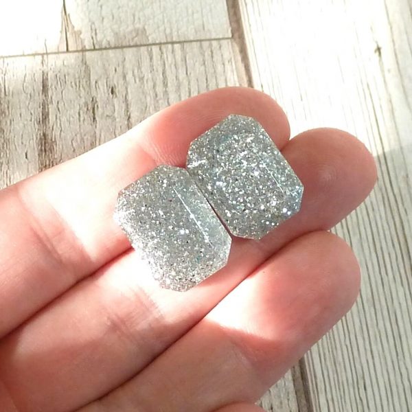 Sparkly Silver Large octagon studs on Hand 2