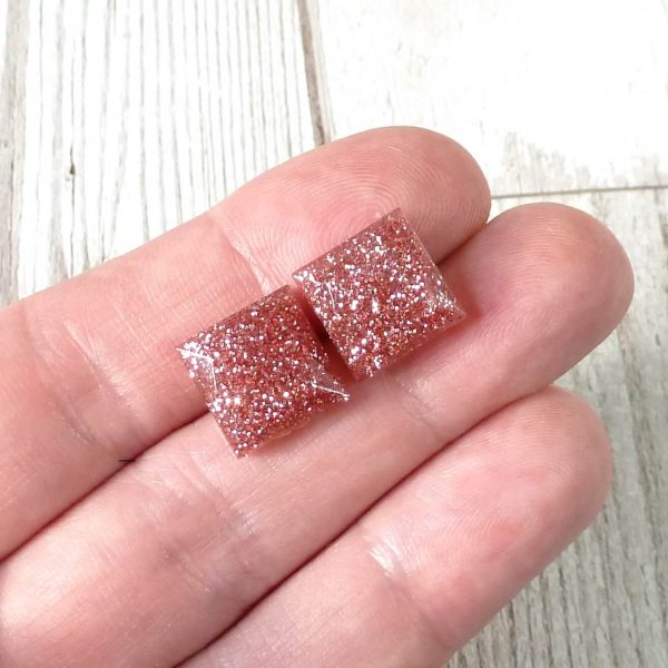 Taupe Pink Glitter Large Square Studs on hand
