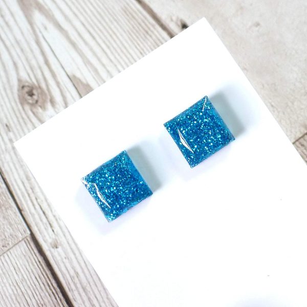 Turquoise Glitter Lg Square Studs on Card