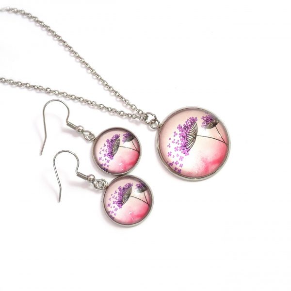 purple seedheads on pink background dangle set on white view 1