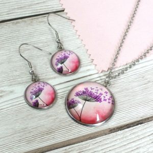 purple seedheads on pink background dangle set on wood 413