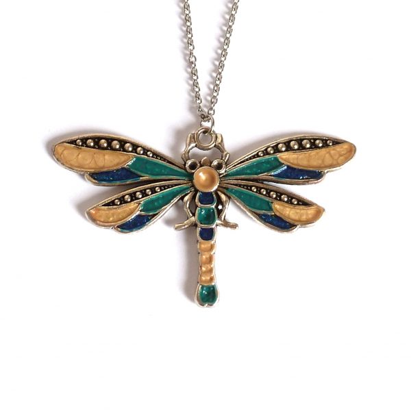 blue teal and gold dragonfly on white