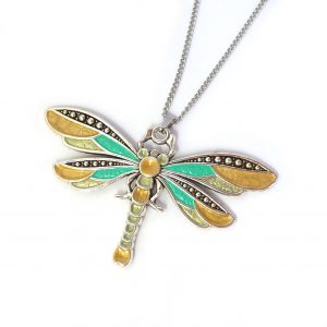 Gold lime and green dragonfly pendant on a white background