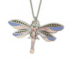 Lilac pink and rose gold dragonfly necklace on white background